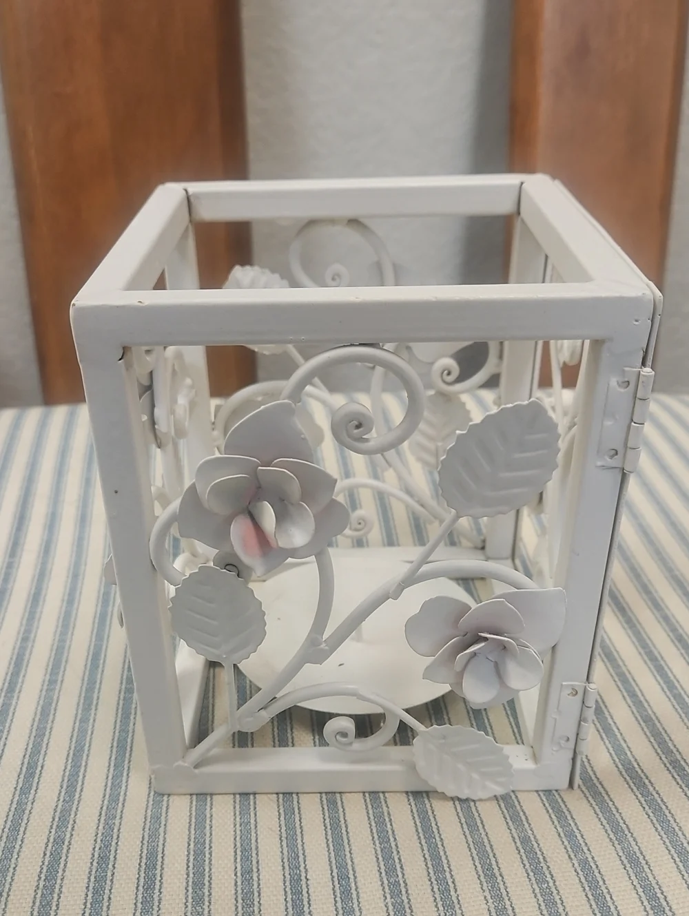Vintage Decorative White Floral Metal Rose Candle Holder with pink accents.